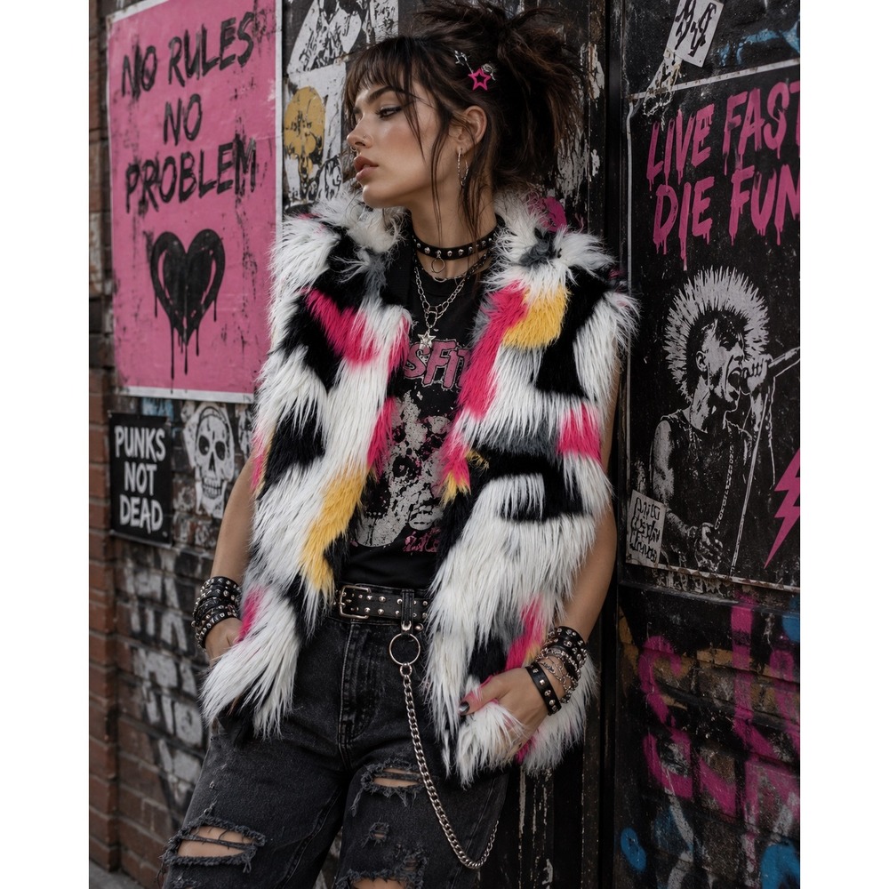 Thread & Supply Faux Fur Vest Multicolor Abstract Zip Up Punk DWM025 Small